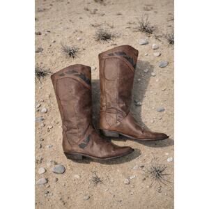 Vintage Hazelnut Metallic Western Cowboy Boots Pointed Toe Brazil Festival Chic